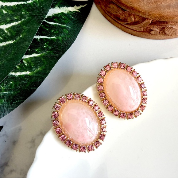 2/$30🌵 Gold Pink Cabochon Stone Crystal Earrings Ornate Vintage Style Gift NEW - Picture 6 of 10
